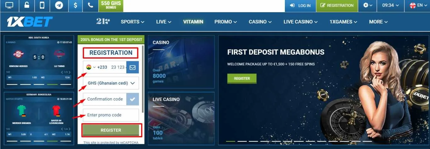 Quick 1xBet registration Ghana
